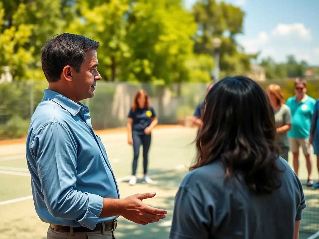 A trainer conducting a workshop with community volunteers, demonstrating coaching techniques on a pétanque court.