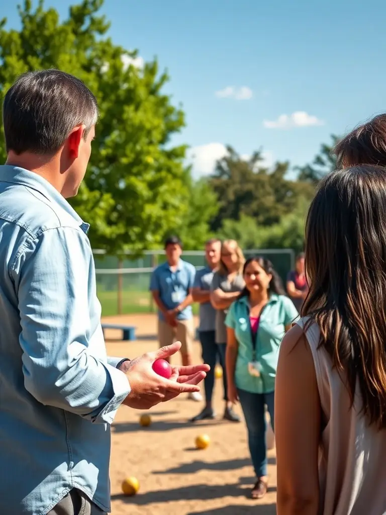 A trainer conducting a workshop with community volunteers, demonstrating coaching techniques on a pétanque court.