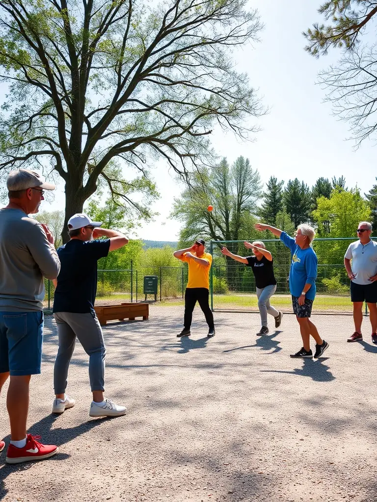 A group of children and teenagers receiving coaching from an instructor on a pétanque court, with attentive expressions and active participation.
