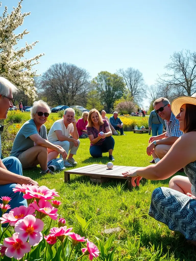 A vibrant image of community members of various ages playing pétanque on a sunny outdoor court, smiling and engaging in friendly competition.