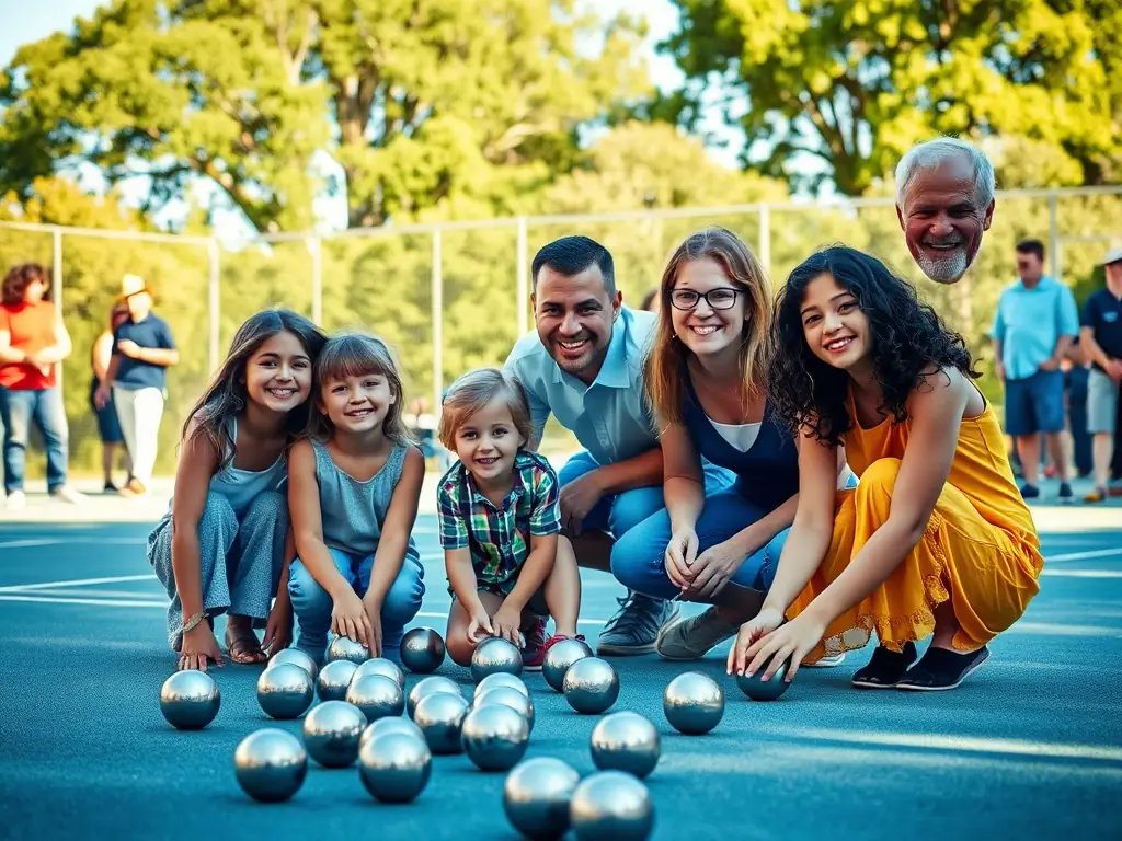 A vibrant image of community members of all ages playing pétanque in a park, showcasing the social and intergenerational aspect of the game.