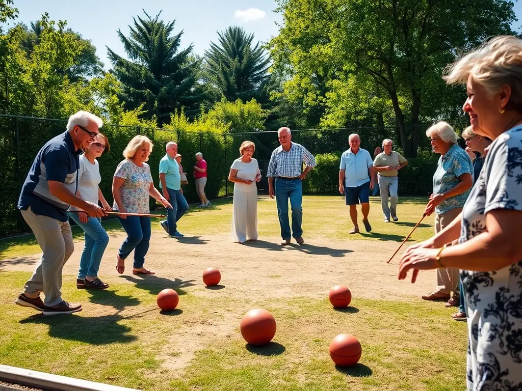 A vibrant image of community members of various ages playing pétanque on a sunny outdoor court, smiling and engaging in friendly competition.