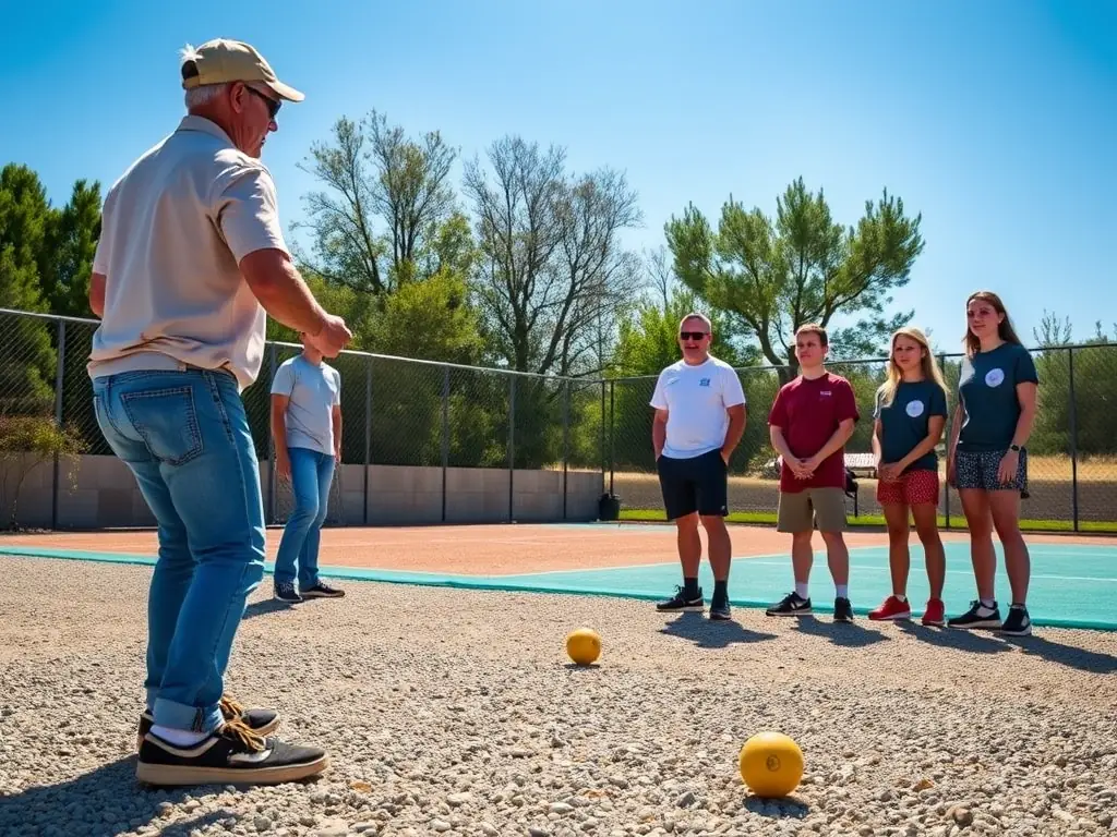 A group of children and teenagers receiving coaching from an instructor on a pétanque court, with attentive expressions and active participation.