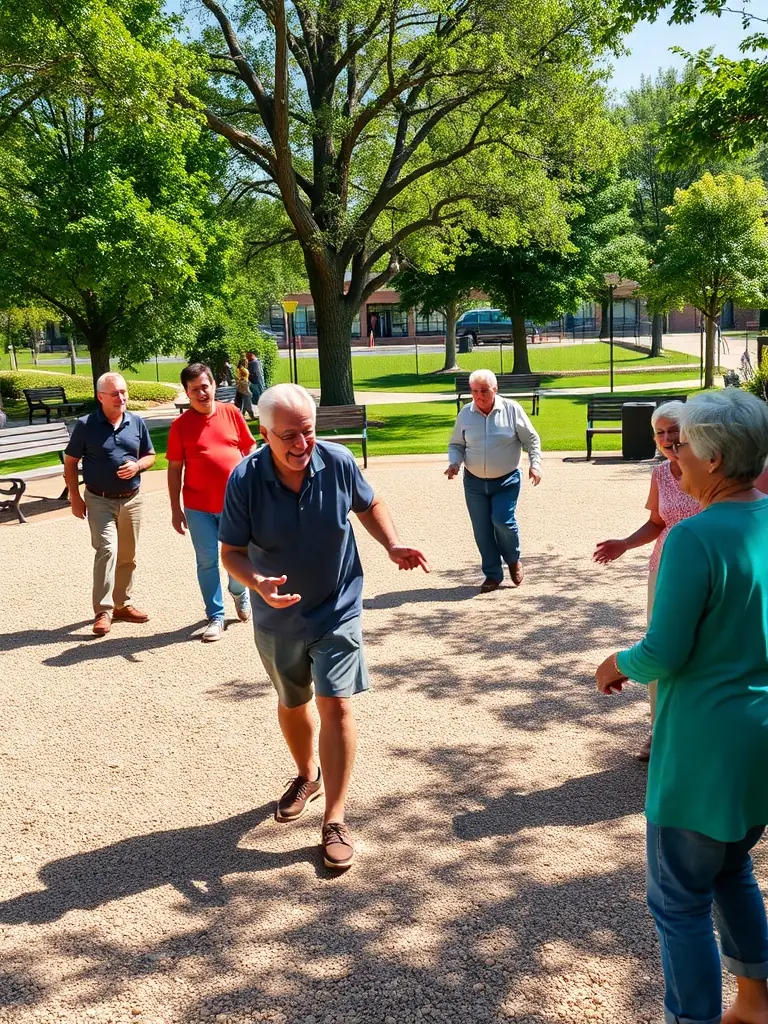 Image of diverse community members participating in a pétanque tournament, showcasing inclusivity and friendly competition.